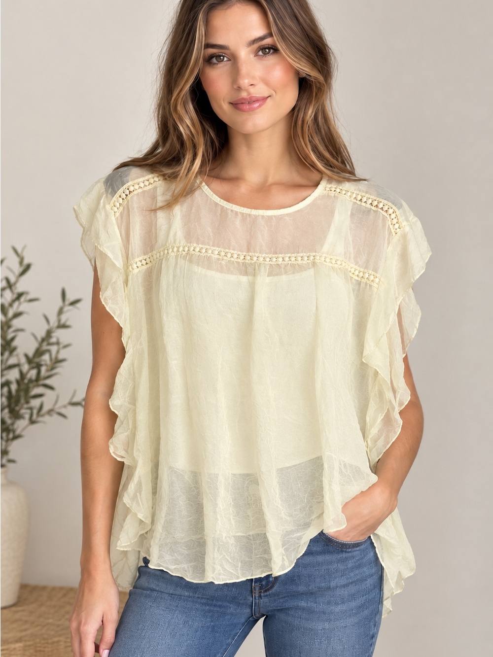 Made in Italy Silk Sheer Ruffle Sleeve Women's Tunic Top - Yellow